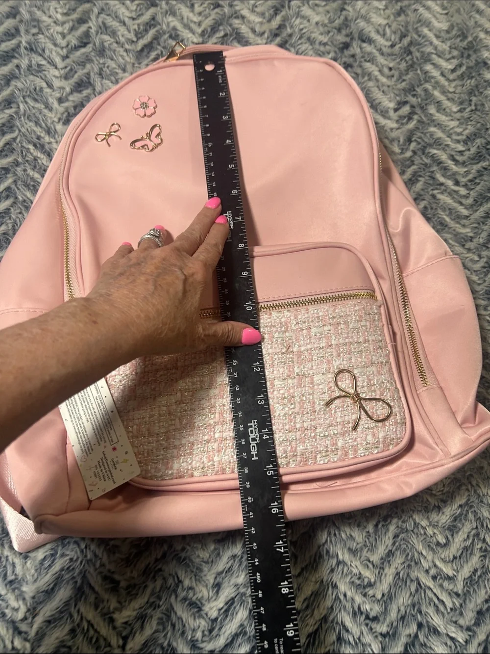 Pink Coquette-Style Backpack with Tweed Patteren and Gold Bow Accents